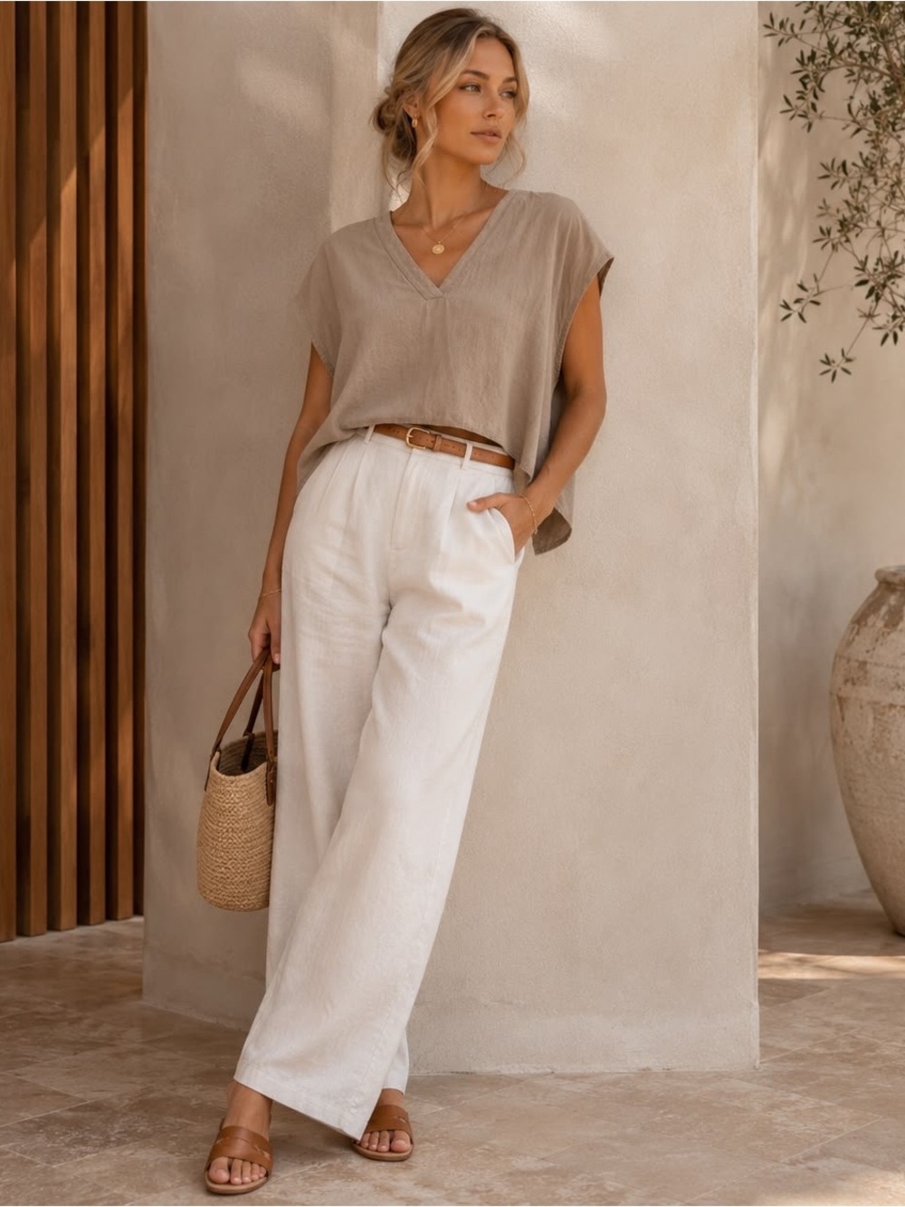 Pacifika Linen V Neck Boxy Top Beige XL Lightweight